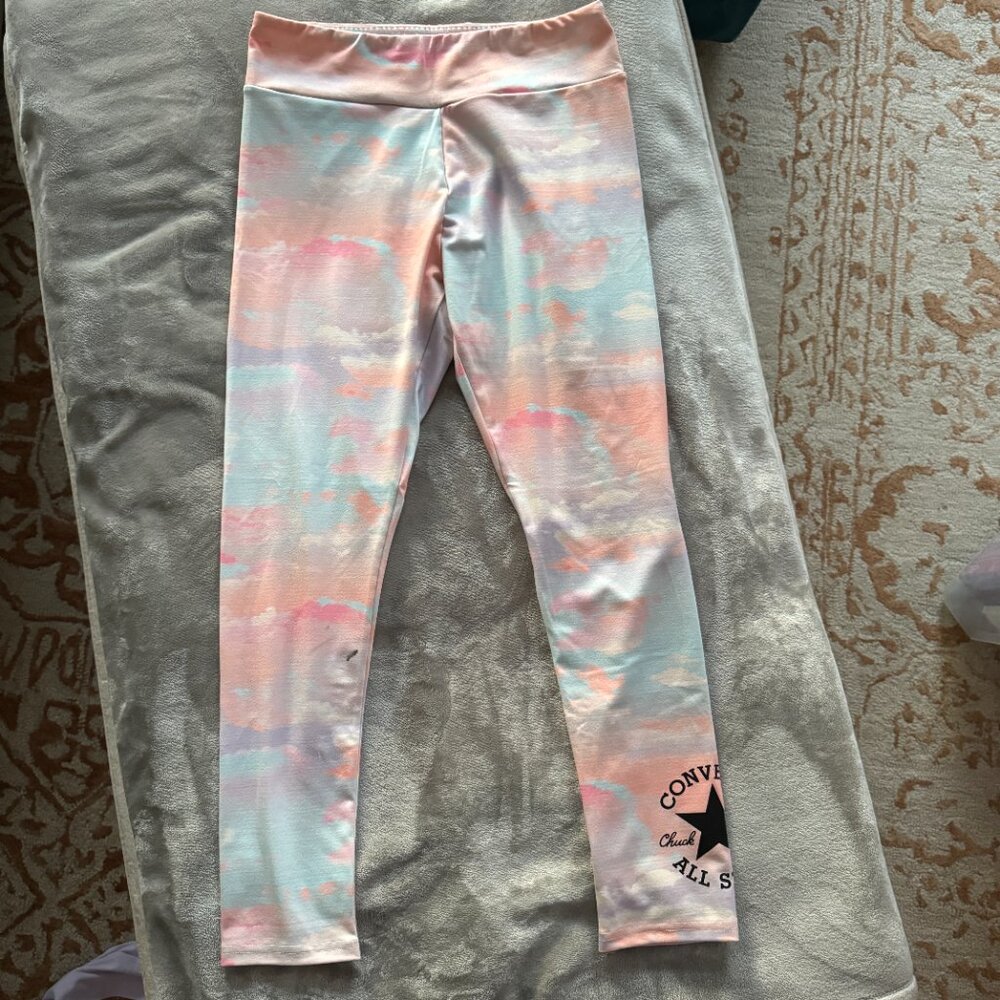 Converse High Rise Printed Legging Aqua Mist w/ Long Sleeve Lilac Logo Tee Sz XL - Picture 9 of 14